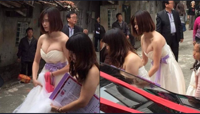 Many guys would blush seeing this shy bridesmaid bending down.