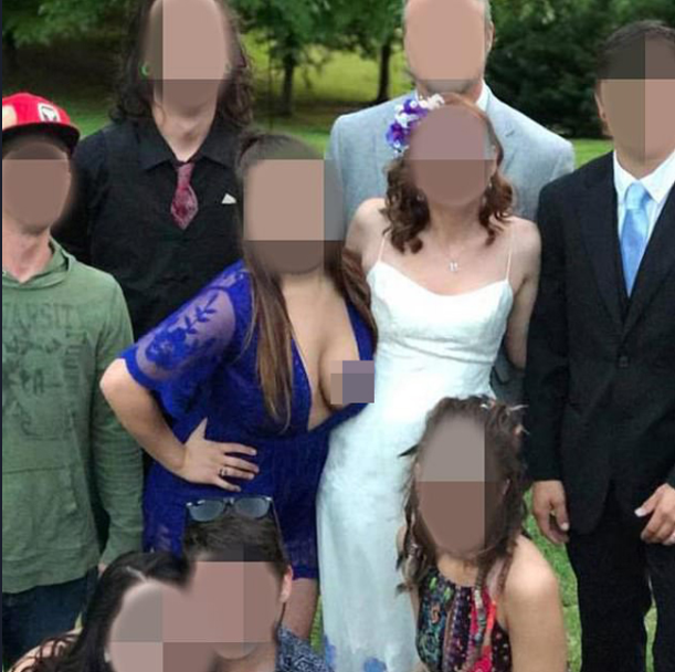 This bridesmaid's dress plunges deeply, revealing from her chest down almost to her waist, making onlookers uncomfortable.
