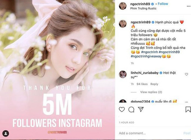 Ngọc Trinh happy reaching 5 million Instagram followers.