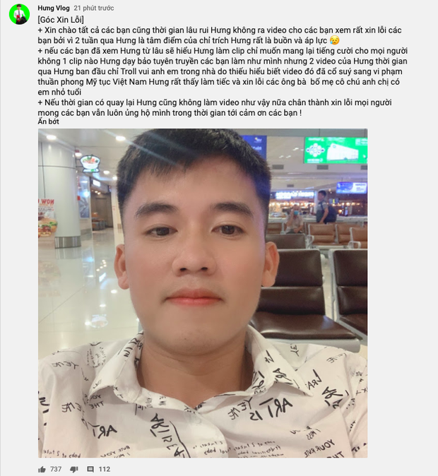 The YouTuber recently posted an official apology on his channel's Community tab