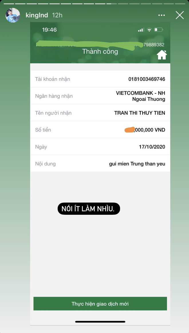 Linh Ngọc Đàm calls for donations to Central Vietnam, showing proof of her own transfer to singer Thủy Tiên