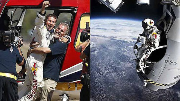 Felix Baumgartner's victorious landing after space jump