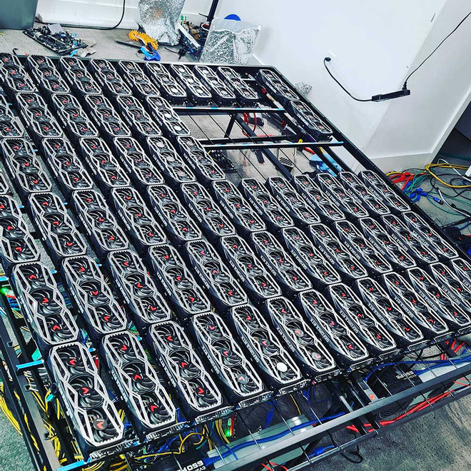 Simon Byrne's crypto mining rig with 78 RTX 3080 GPUs