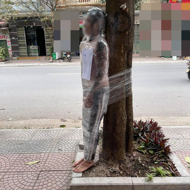 He appears unwilling as he is tied to a tree trunk