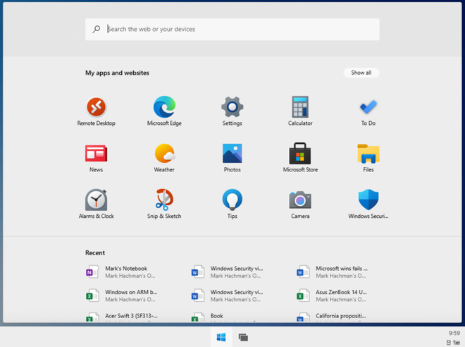 Main interface with search bar on top, apps in the middle, and recent documents below