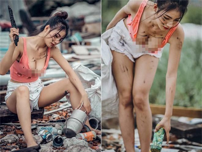 Hot girl posing at a garbage dump