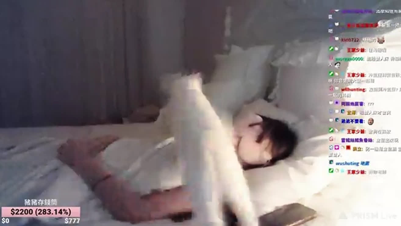 Sleeping despite her cat jumping and playing on her
