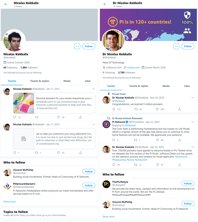 The Strange Case of Pi Network's Founders: What’s Really Going On? 3 Kokkalis' original Twitter doesn't mention Pi Network; the other account only tweeted about it briefly