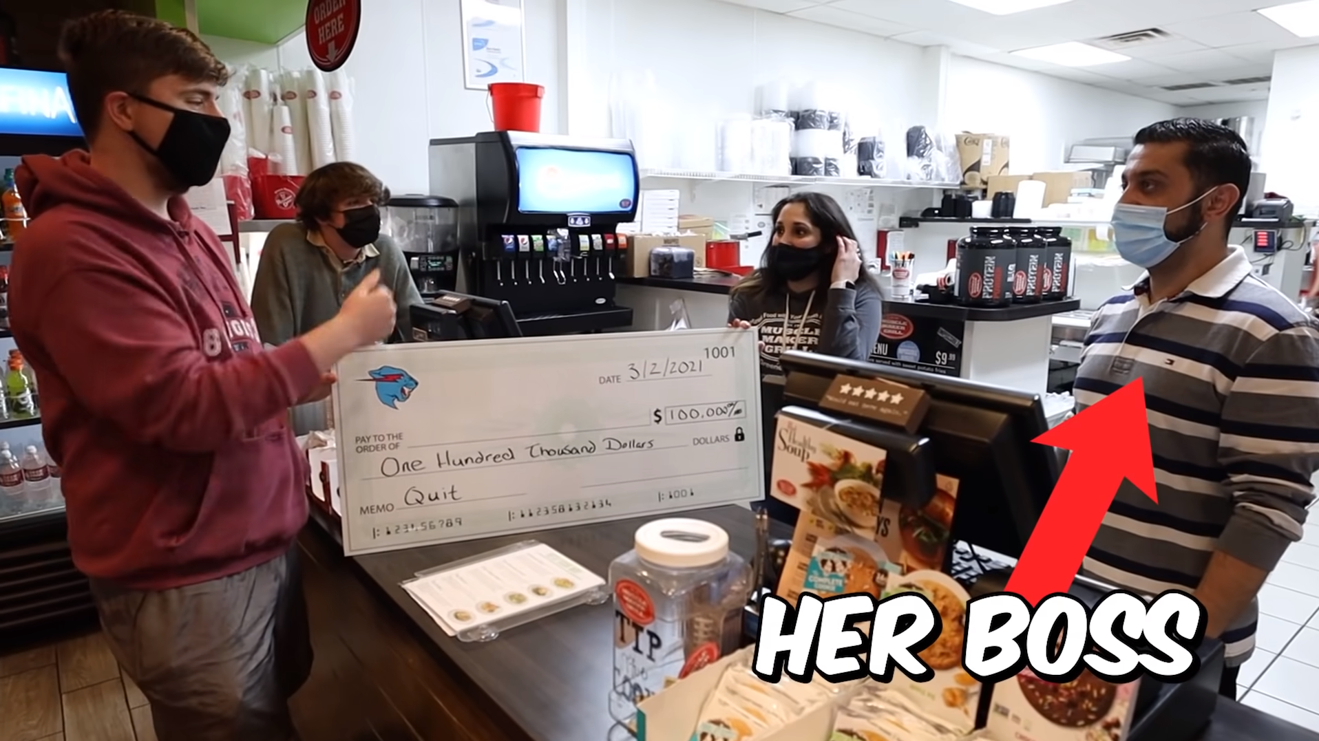 Mr Beast asking the woman’s boss a question