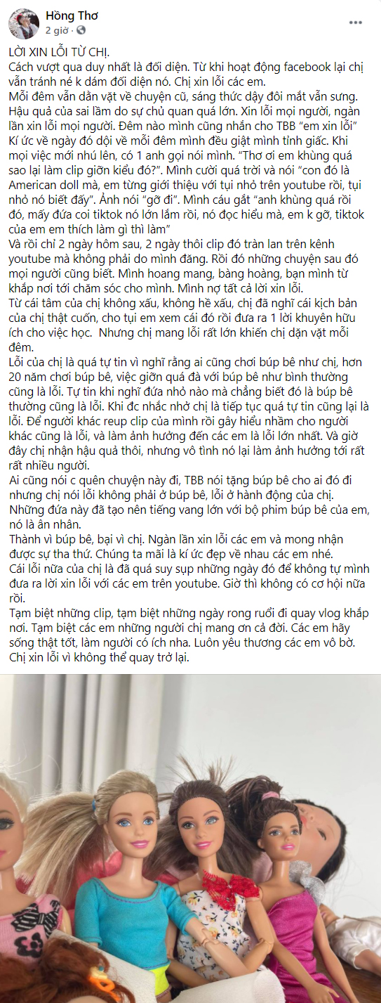 YouTuber Thơ Nguyễn Apologizes After Doll Controversy 2 Thơ Nguyễn apology on Facebook