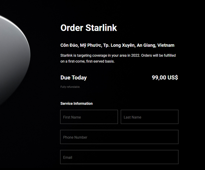 Starlink service registration page