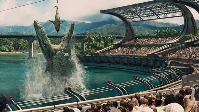 A scene from the blockbuster Jurassic World movie