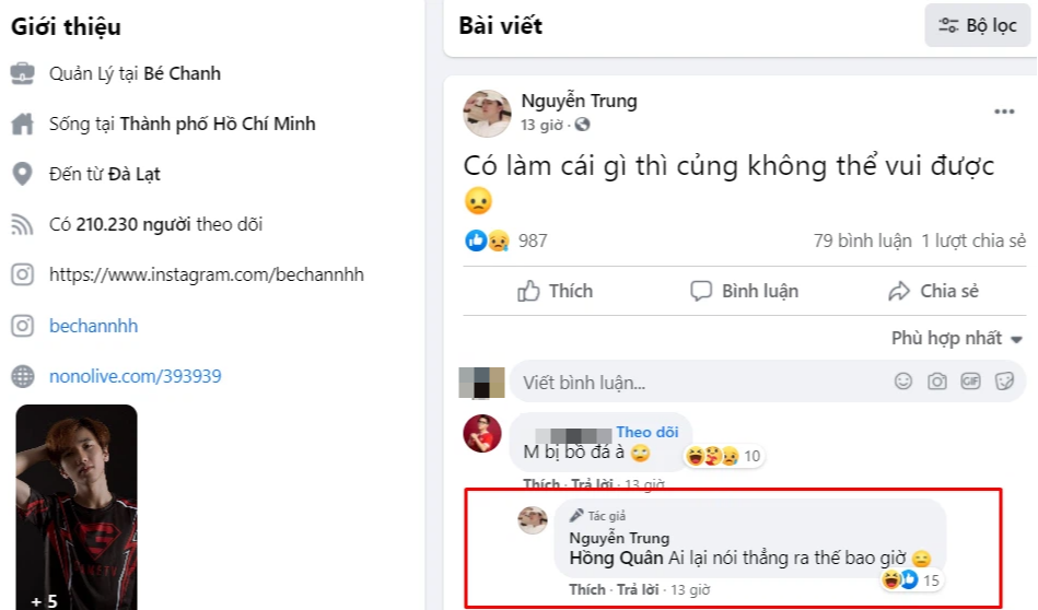 Bé Chanh has hidden his relationship status on Facebook.