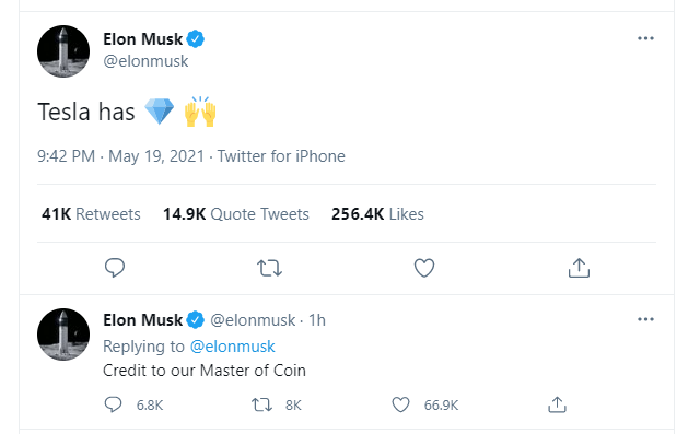 Elon Musk’s Tweet Helps Bitcoin Bounce Back from $30K Crash 1 Elon Musk's tweet posted on the evening of May 19 (screenshot)