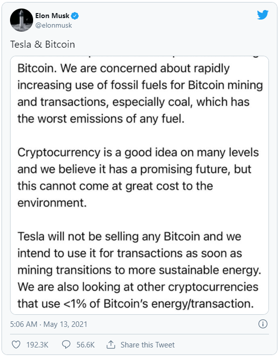 Tesla stops accepting Bitcoin