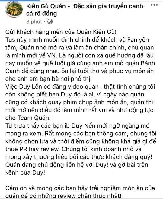 YouTuber Duy Nến Faces Backlash Over Pandemic Food Review 4 The restaurant owner’s response won support from netizens.