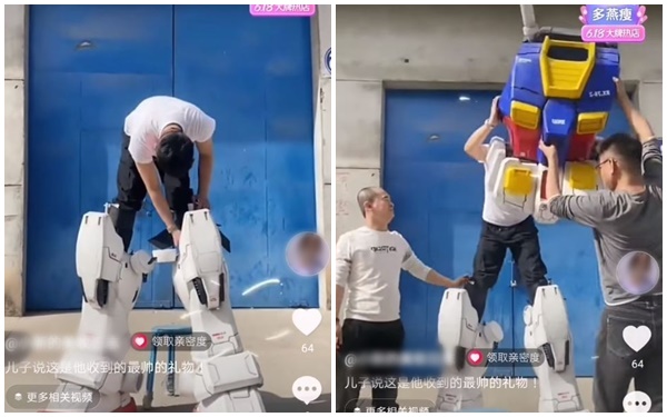 Putting on a Gundam suit looks pretty challenging