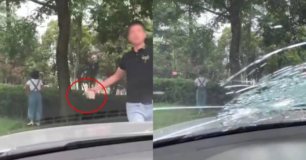 Guy grabs a brick and takes action after the honk
