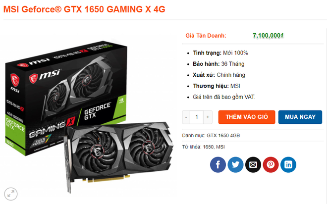 GTX 1650 currently sold at a computer store in Ho Chi Minh City for 7.1 million VND