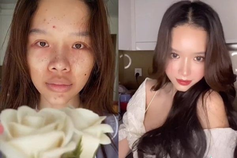 Vietnamese Girl’s Stunning Glow-Up Goes Viral on TikTok 2 Left is bare face, right is after makeup