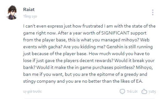 I can't express how frustrated I am with the game's current state. After a year of strong player support, this is what miHoYo gives us? Web events with gacha? Are you kidding me? Genshin Impact survives because of its large player base. What do you lose by giving players a decent reward?