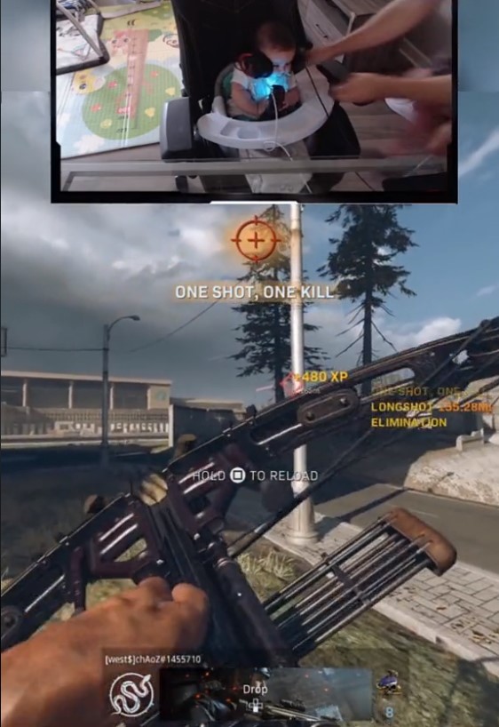 ...this baby gamer still took down the opponent with one shot