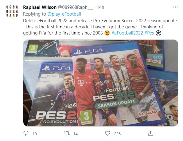 A dedicated PES collector expresses deep disappointment and wants Konami to replace eFootball with PES 2022. He also says this is the first time he's considered buying FIFA since 2003