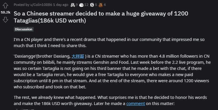 Post about the giveaway received over 10,000 upvotes on Reddit
