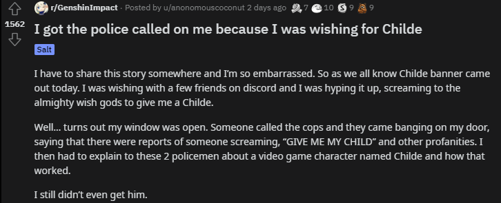 This player's gacha shouting got him visited by the police, sparking lots of laughs in the community