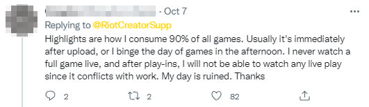 Highlights help me catch up on matches quickly. They’re usually uploaded right after games or compiled later in the day. I never watch full live matches, and after play-ins, I won’t be able to watch any live games due to work. My day is ruined. Thanks.