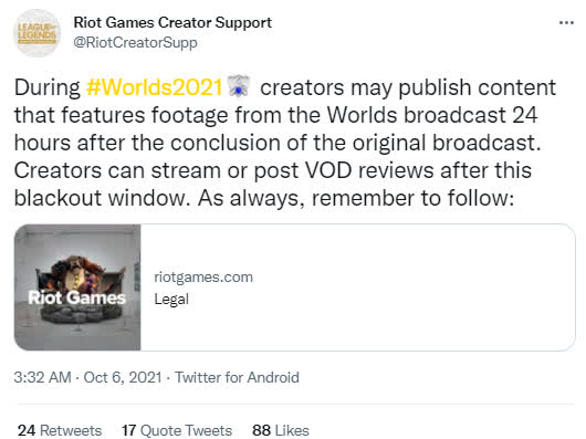 Riot's announcement on match copyright issues