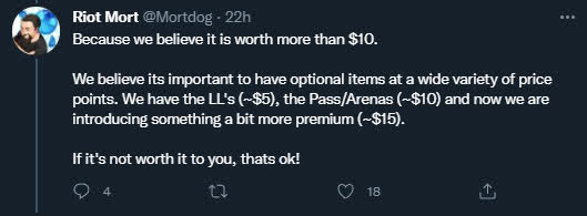 Riot Mortdog: We believe they're worth more than $10 (the highest price in the old Little Legend system on NA servers). It's important to have some items priced above average. We have regular Little Legends ($5), the Pass (around $10), and now we're introducing premium items (around $15). If you don't think it's worth it, that's okay!