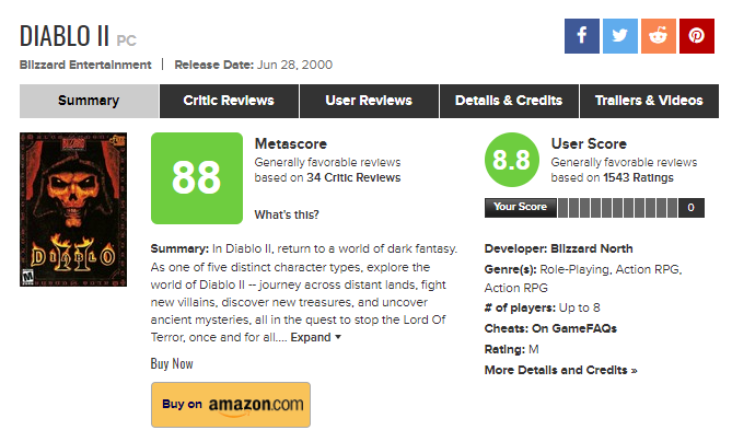The original Diablo II still boasts an 8.8 user score