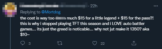 Price is too high: $15 for a Little Legend plus another $15 for the pass? This is why I stopped playing TFT and prefer auto battlers. This feels greedy. Why not 1350 RP, about $10?