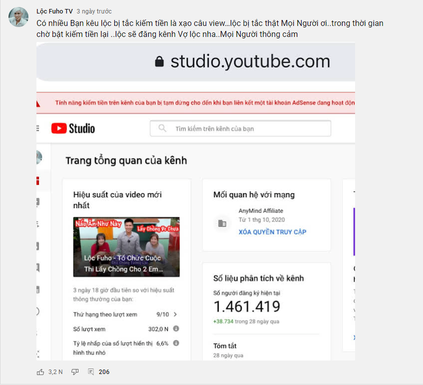 Lộc Fuho announces monetization disabled due to AdSense