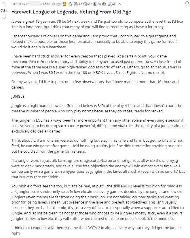The 54-year-old player's retirement post and his experiences from 10 years in the Summoner's Rift