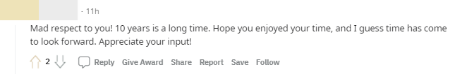 All respect to him! 10 years is a long time. Hope he enjoys his time and I guess we all need to move on.
