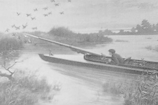 After each shot, the strong recoil combined with the small size of the hunting boat often pushes the boat back several meters.