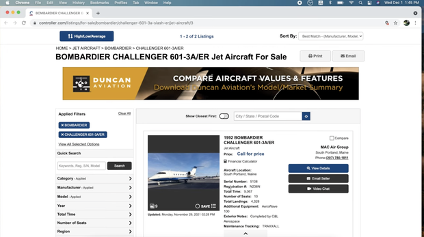 But as of December 1, the jet with matching tail number was still listed for sale