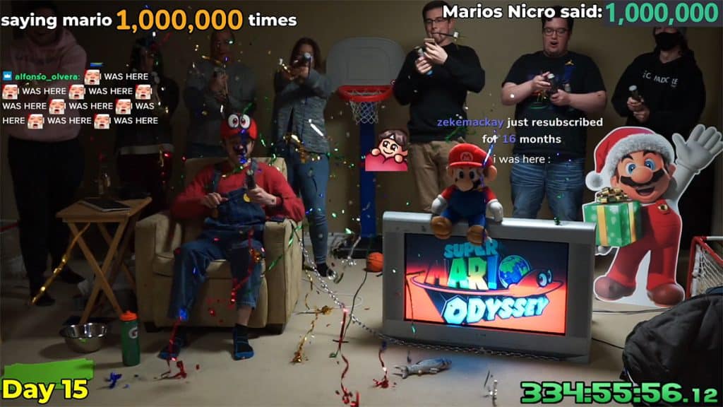 Nicro handcuffed to a TV saying 'Mario' one million times