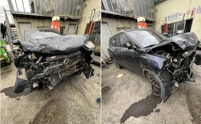 The wrecked car after Lee Yoo-ran's accident