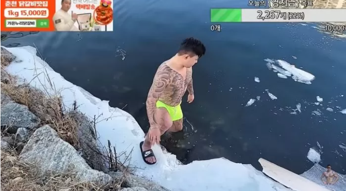 Streamer stepping into icy river water