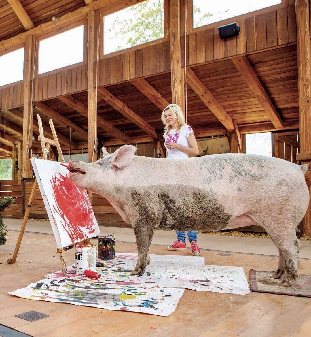 Pig Caso creating one of his paintings