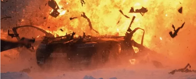 The car quickly goes up in flames