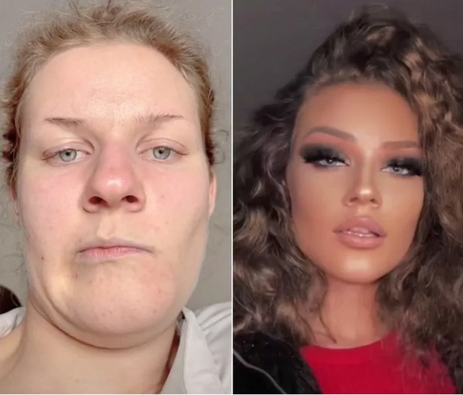 This photo highlights the huge difference between her bare face and makeup look