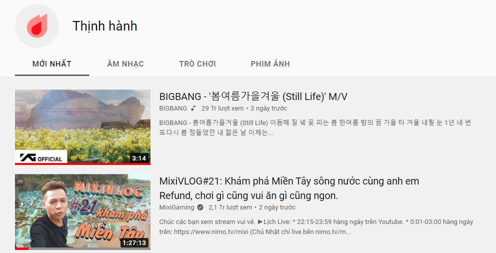 YouTube trending chart showing Độ Mixi at No. 2