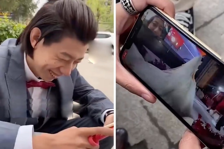 Groom quietly watching his own wedding livestream sparks online buzz