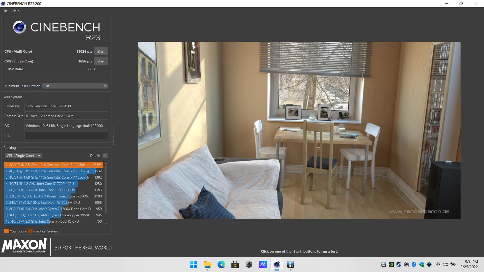 Cinebench benchmark results on ASUS TUF Dash F15 2022