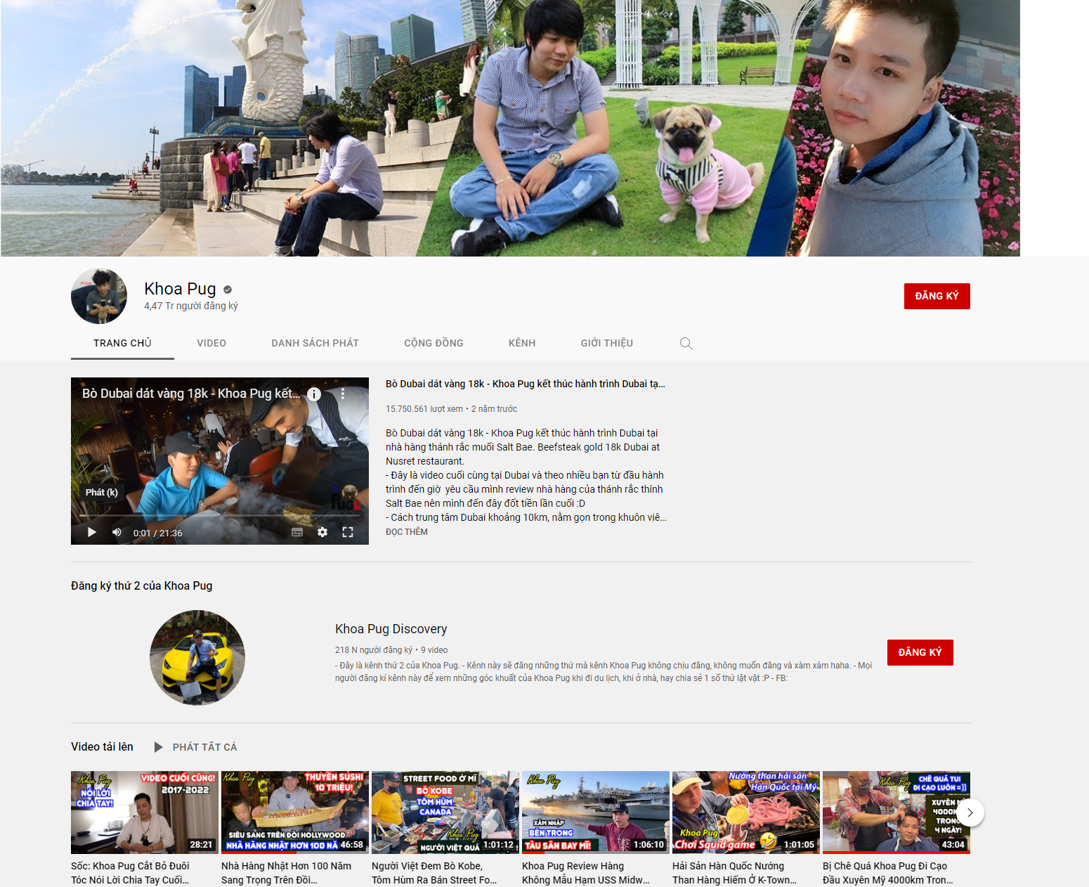 Khoa Pug's YouTube channel with nearly 4.5 million subscribers