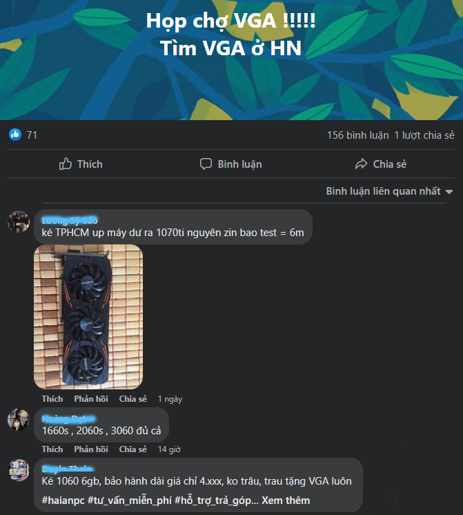 A Facebook post about GPU trading attracting hundreds of comments